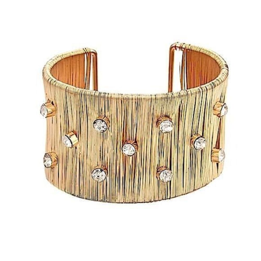 🌟Modern Textured Gold Open Bangle Bracelet Rhinestones Everyday Glam Jewelry